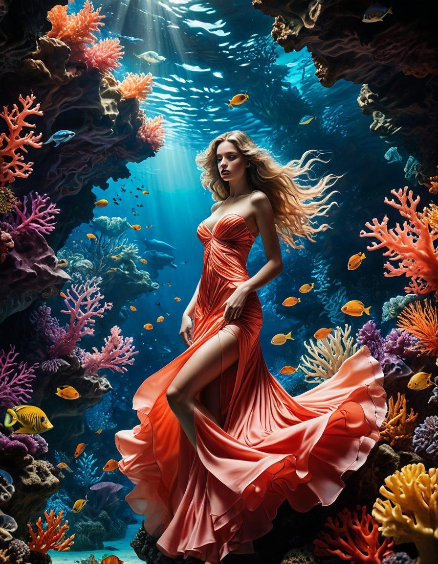 A visually striking composition featuring a surreal underwater scene, where intricate coral reefs represent layers of desire and fantasy. Silky flowing fabrics swirl around ethereal silhouettes, symbolizing the exploration of erotic content. Soft, alluring lighting creates an intimate atmosphere, while vibrant colors enhance the sense of depth and allure. Incorporate hidden symbols of adult entertainment in the background for a playful touch. dreamy illustration. vibrant colors. surreal art.