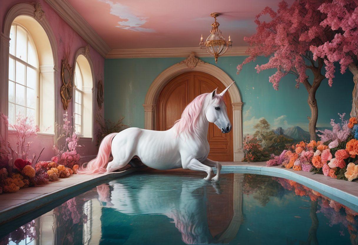 A captivating split-image showcasing a dreamy fantasy world on one side, filled with surreal landscapes and mythical creatures, transitioning into a modern, realistic adult entertainment scene with diverse characters engaging in intimate expressions. The colors should shift from ethereal pastels to bold, striking tones, symbolizing the blend of fantasy and reality. Intriguing elements like shadows and reflections should be added to enhance depth and engagement. super-realistic. vibrant colors. dynamic contrast.